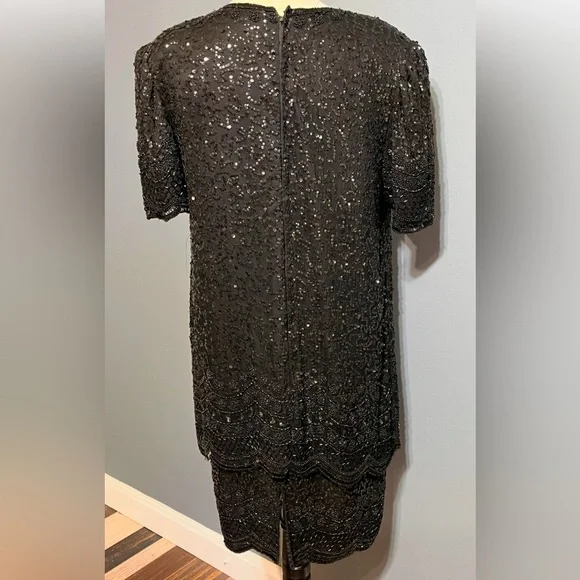 1980S LAURENCE KAZAR BLACK SILK
SEQUIN DRESS size Large - Picture 2 of 14